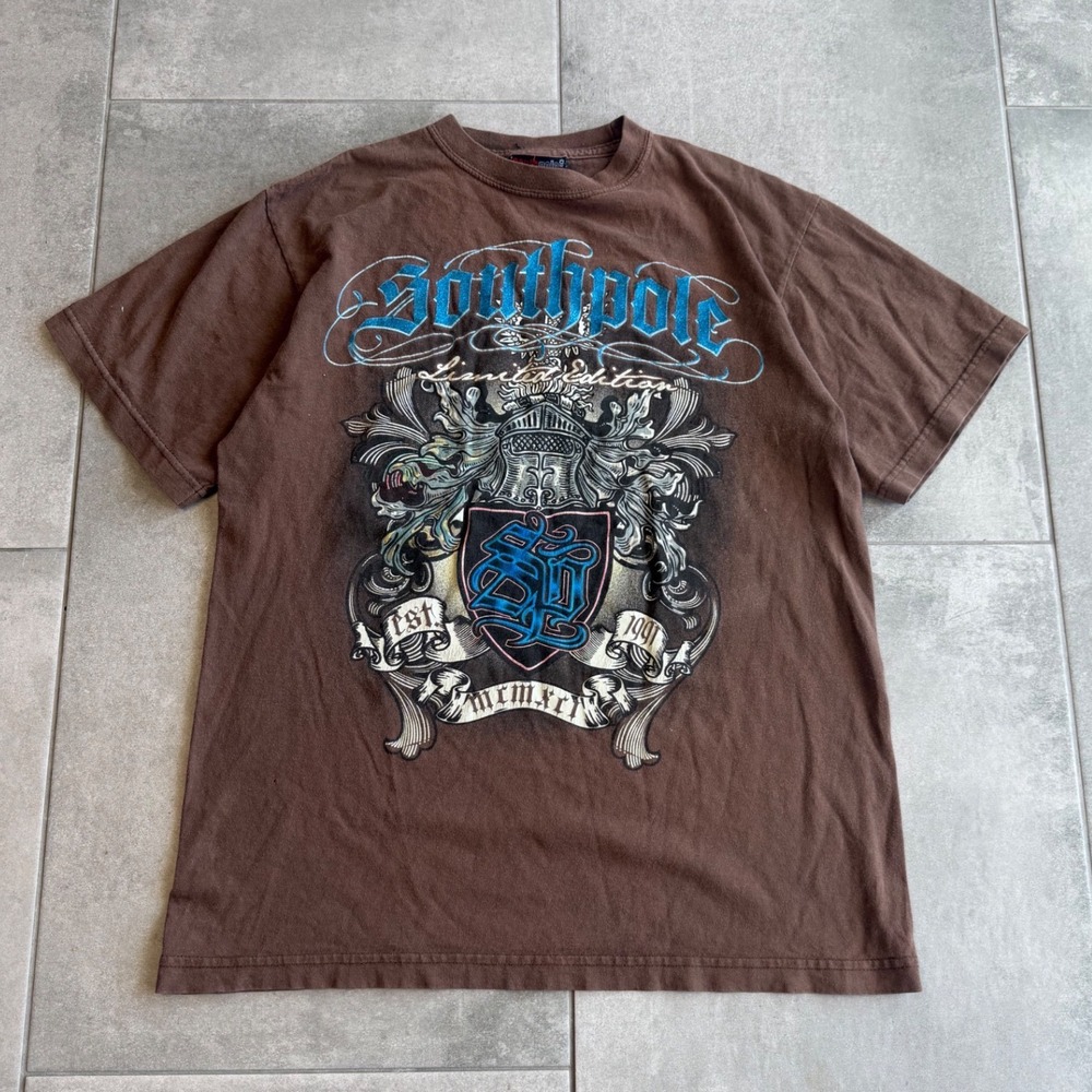 Vintage Southpole Mens Brown Graphic T-Shirt Y2K Limited Edition Crest Medium